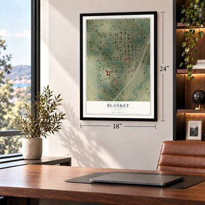 Blanket, Texas map, 18 x 24 inch print in a black frame in a home office