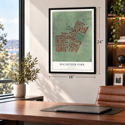 MacArthur Park, California map, 18 x 24 inch print in a black frame in a home office