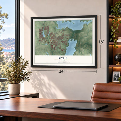 Wylie, Texas map, 18 x 24 inch print in a black frame in a home office