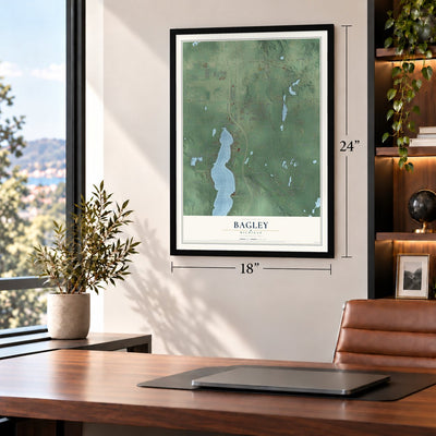 Bagley, Michigan map, 18 x 24 inch print in a black frame in a home office