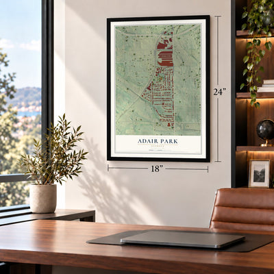 Adair Park, Georgia map, 18 x 24 inch print in a black frame in a home office
