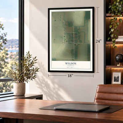 Weldon, Arkansas map, 18 x 24 inch print in a black frame in a home office