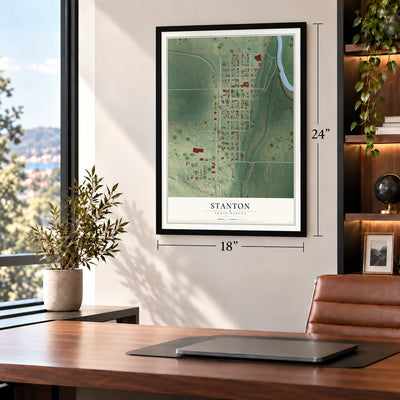Stanton, North Dakota map, 18 x 24 inch print in a black frame in a home office