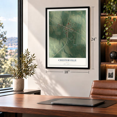 Chesterville, Ohio map, 18 x 24 inch print in a black frame in a home office