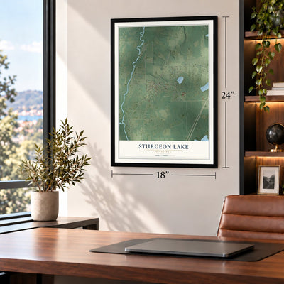 Sturgeon Lake, Minnesota map, 18 x 24 inch print in a black frame in a home office
