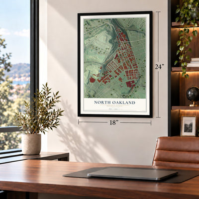 North Oakland, Pennsylvania map, 18 x 24 inch print in a black frame in a home office