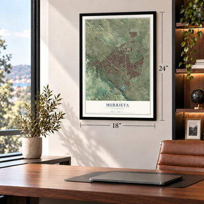 Murrieta, California map, 18 x 24 inch print in a black frame in a home office