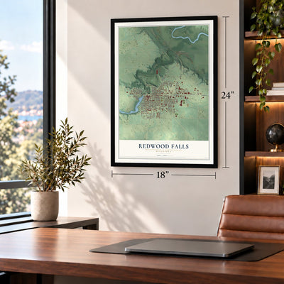 Redwood Falls, Minnesota map, 18 x 24 inch print in a black frame in a home office