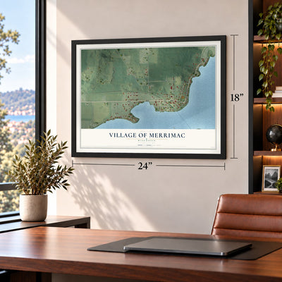 Merrimac, Wisconsin map, 18 x 24 inch print in a black frame in a home office
