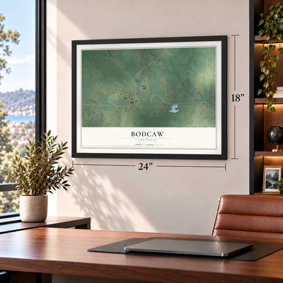 Bodcaw, Arkansas map, 18 x 24 inch print in a black frame in a home office