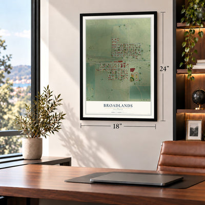 Broadlands, Illinois map, 18 x 24 inch print in a black frame in a home office