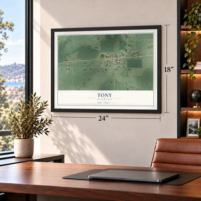 Tony, Wisconsin map, 18 x 24 inch print in a black frame in a home office