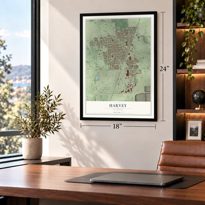 Harvey, Illinois map, 18 x 24 inch print in a black frame in a home office