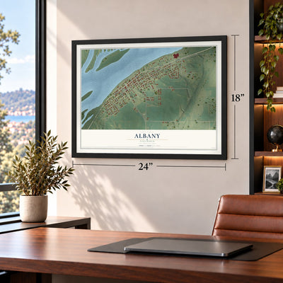 Albany, Illinois map, 18 x 24 inch print in a black frame in a home office