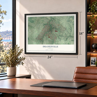 Dranesville, Virginia map, 18 x 24 inch print in a black frame in a home office