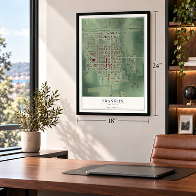 Franklin, Nebraska map, 18 x 24 inch print in a black frame in a home office