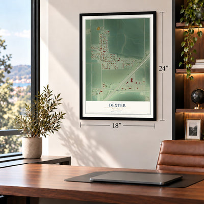 Dexter, Minnesota map, 18 x 24 inch print in a black frame in a home office