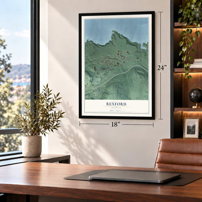 Rexford, Montana map, 18 x 24 inch print in a black frame in a home office