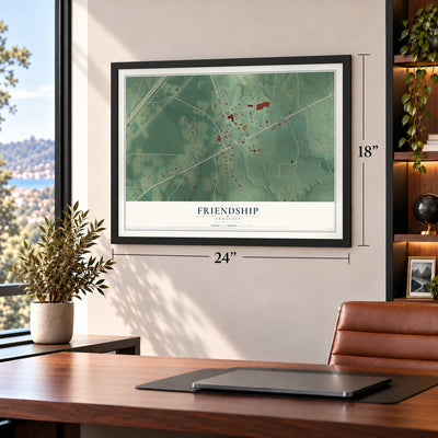 Friendship, Arkansas map, 18 x 24 inch print in a black frame in a home office