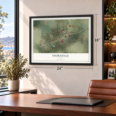 Thorndale, Texas map, 18 x 24 inch print in a black frame in a home office