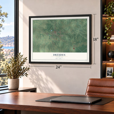 Dresden, Tennessee map, 18 x 24 inch print in a black frame in a home office