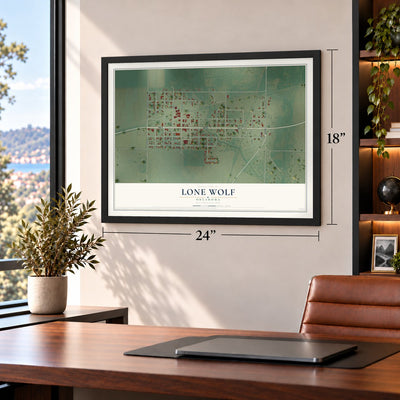 Lone Wolf, Oklahoma map, 18 x 24 inch print in a black frame in a home office