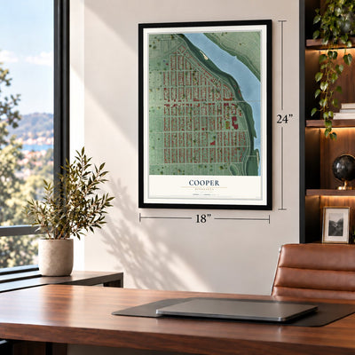 Cooper, Minnesota map, 18 x 24 inch print in a black frame in a home office