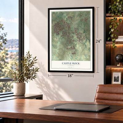 Castle Rock, Colorado map, 18 x 24 inch print in a black frame in a home office