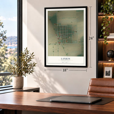 Lankin, North Dakota map, 18 x 24 inch print in a black frame in a home office
