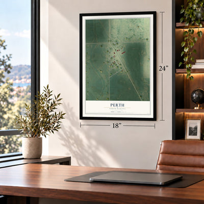 Perth, North Dakota map, 18 x 24 inch print in a black frame in a home office
