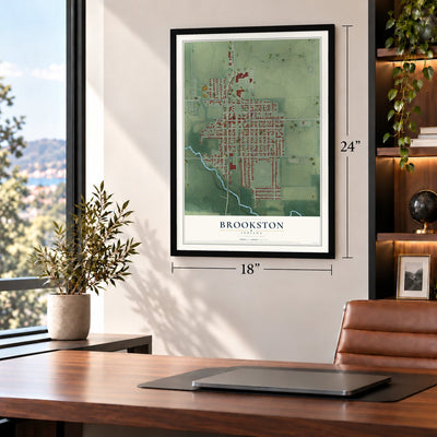 Brookston, Indiana map, 18 x 24 inch print in a black frame in a home office