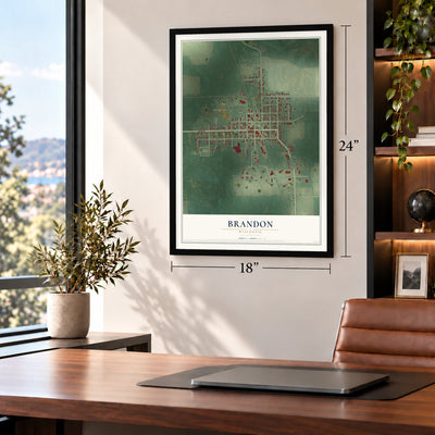 Brandon, Wisconsin map, 18 x 24 inch print in a black frame in a home office