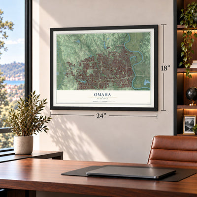 Omaha, Nebraska map, 18 x 24 inch print in a black frame in a home office