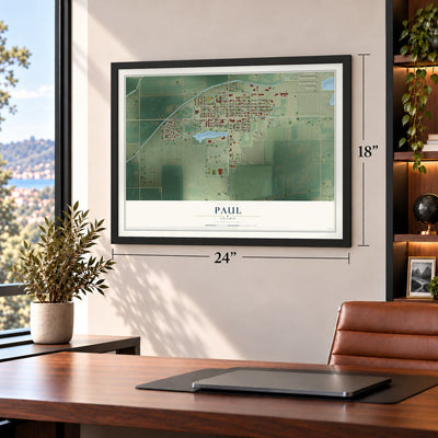 Paul, Idaho map, 18 x 24 inch print in a black frame in a home office