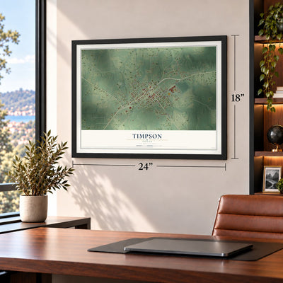 Timpson, Texas map, 18 x 24 inch print in a black frame in a home office