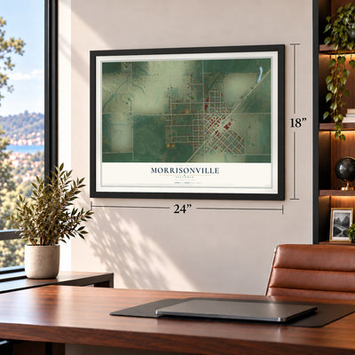 Morrisonville, Illinois map, 18 x 24 inch print in a black frame in a home office
