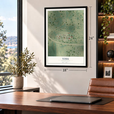 York, North Dakota map, 18 x 24 inch print in a black frame in a home office