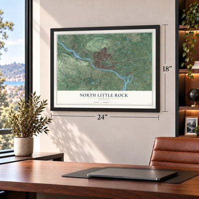 North Little Rock, Arkansas map, 18 x 24 inch print in a black frame in a home office