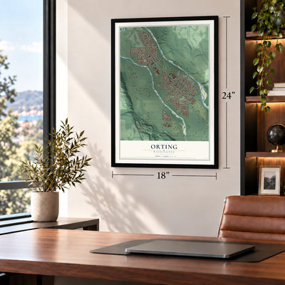 Orting, Washington map, 18 x 24 inch print in a black frame in a home office