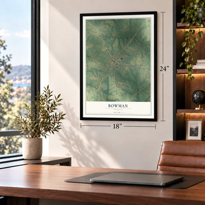 Bowman, Georgia map, 18 x 24 inch print in a black frame in a home office