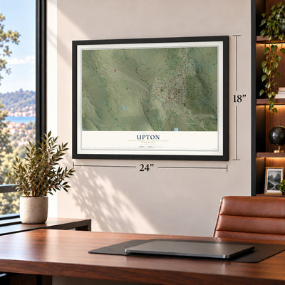 Upton, Wyoming map, 18 x 24 inch print in a black frame in a home office