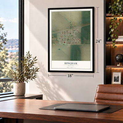 Hingham, Montana map, 18 x 24 inch print in a black frame in a home office