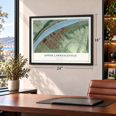 Upper Lawrenceville, Pennsylvania map, 18 x 24 inch print in a black frame in a home office
