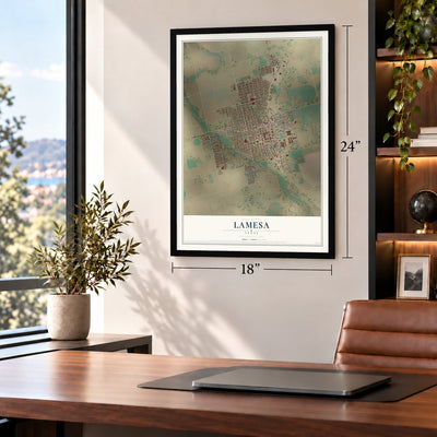Lamesa, Texas map, 18 x 24 inch print in a black frame in a home office