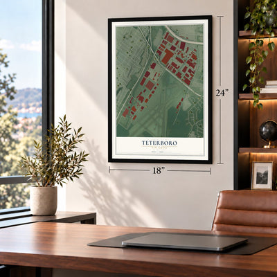 Teterboro, New Jersey map, 18 x 24 inch print in a black frame in a home office