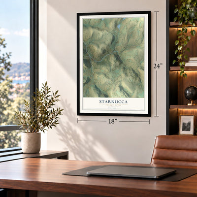 Starrucca, Pennsylvania map, 18 x 24 inch print in a black frame in a home office