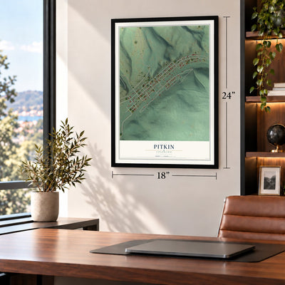 Pitkin, Colorado map, 18 x 24 inch print in a black frame in a home office