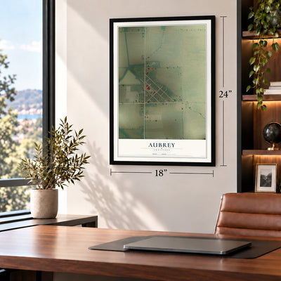 Aubrey, Arkansas map, 18 x 24 inch print in a black frame in a home office