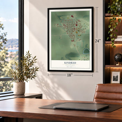 Kindred, North Dakota map, 18 x 24 inch print in a black frame in a home office