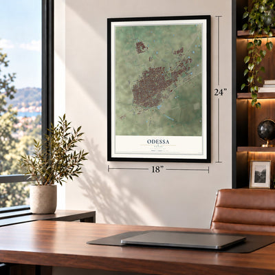 Odessa, Texas map, 18 x 24 inch print in a black frame in a home office